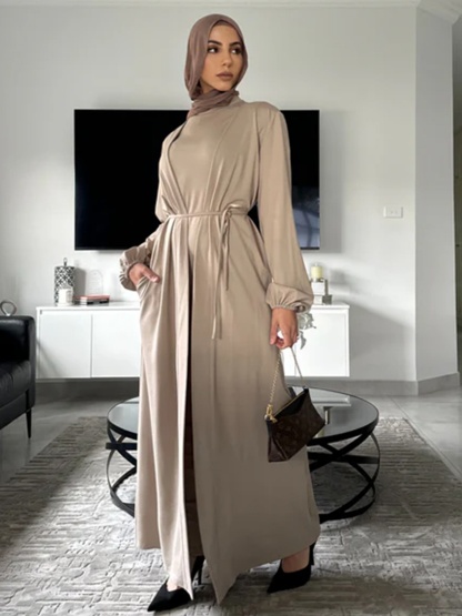 2pcs Solid Color Lace-Up Dress and Cardigan Set