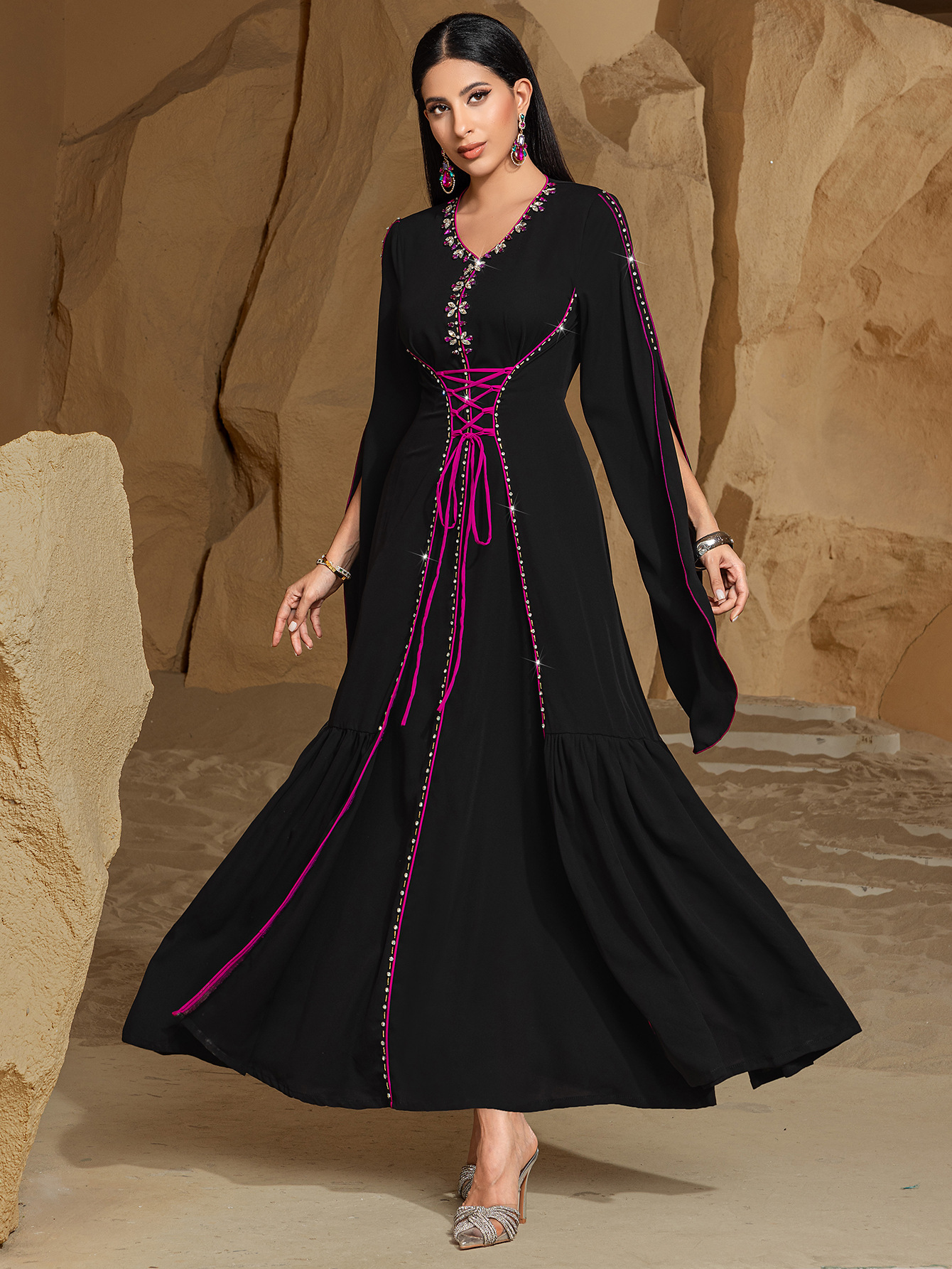 Sewn Rhinestone Clash Color Lacing Abaya