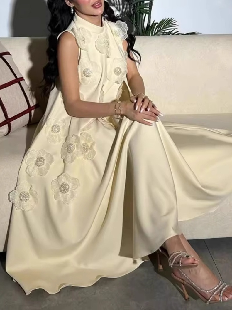 Solid Color Half Turtleneck Applique Elegant Long Dress