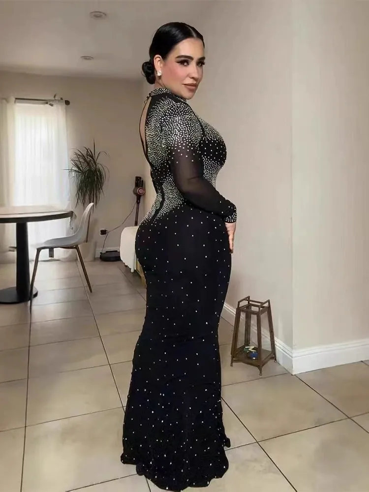 Half High Neck Wrap Hip Dress with Rhinestones
