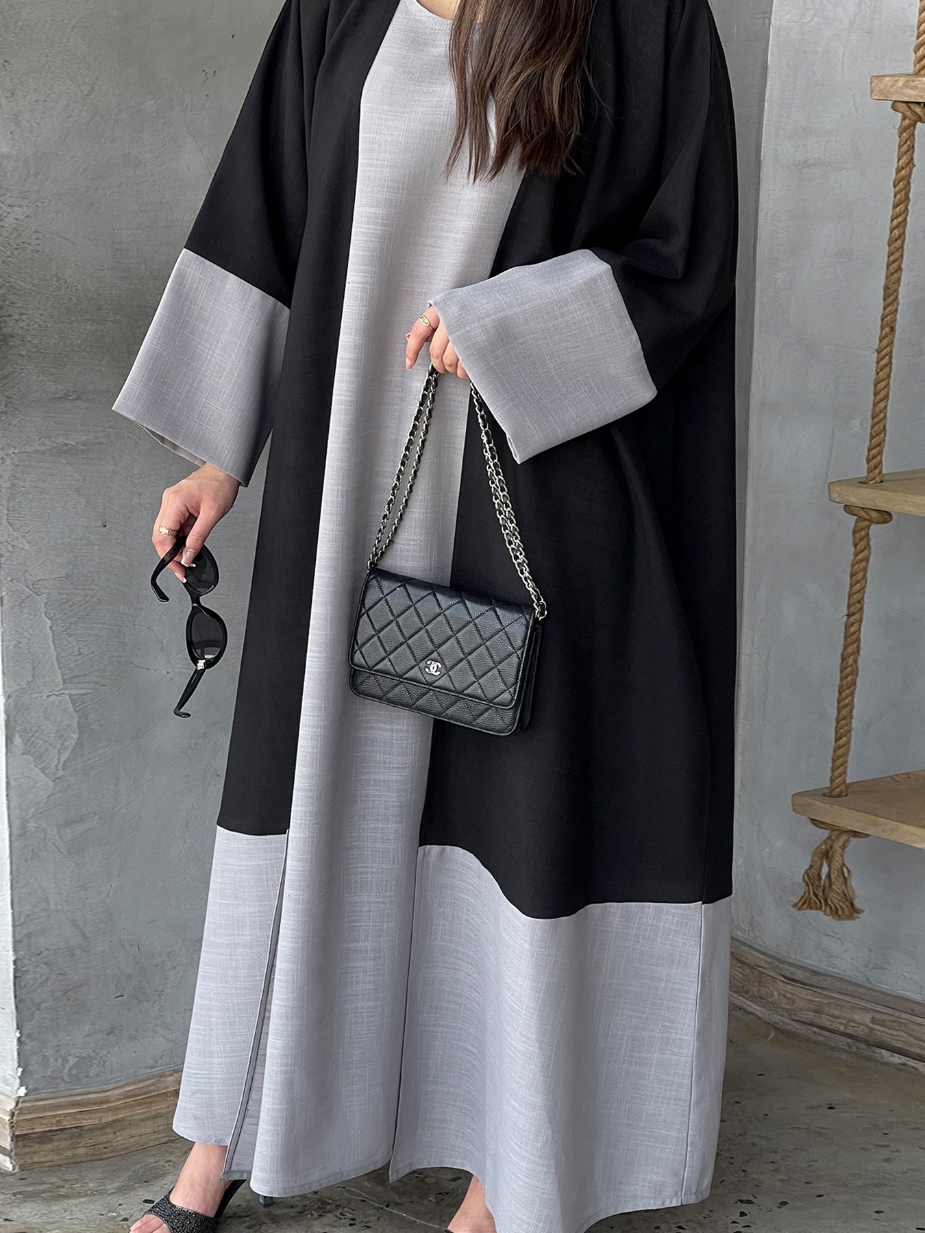 2pcs Cotton and Linen Color-Crossing Robe Set