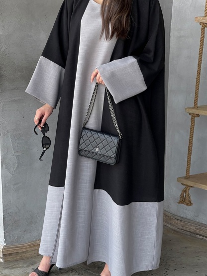 2pcs Cotton and Linen Color-Crossing Robe Set