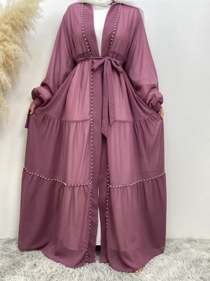 Solid Beaded Tie Chiffon Cardigan Casual Abaya