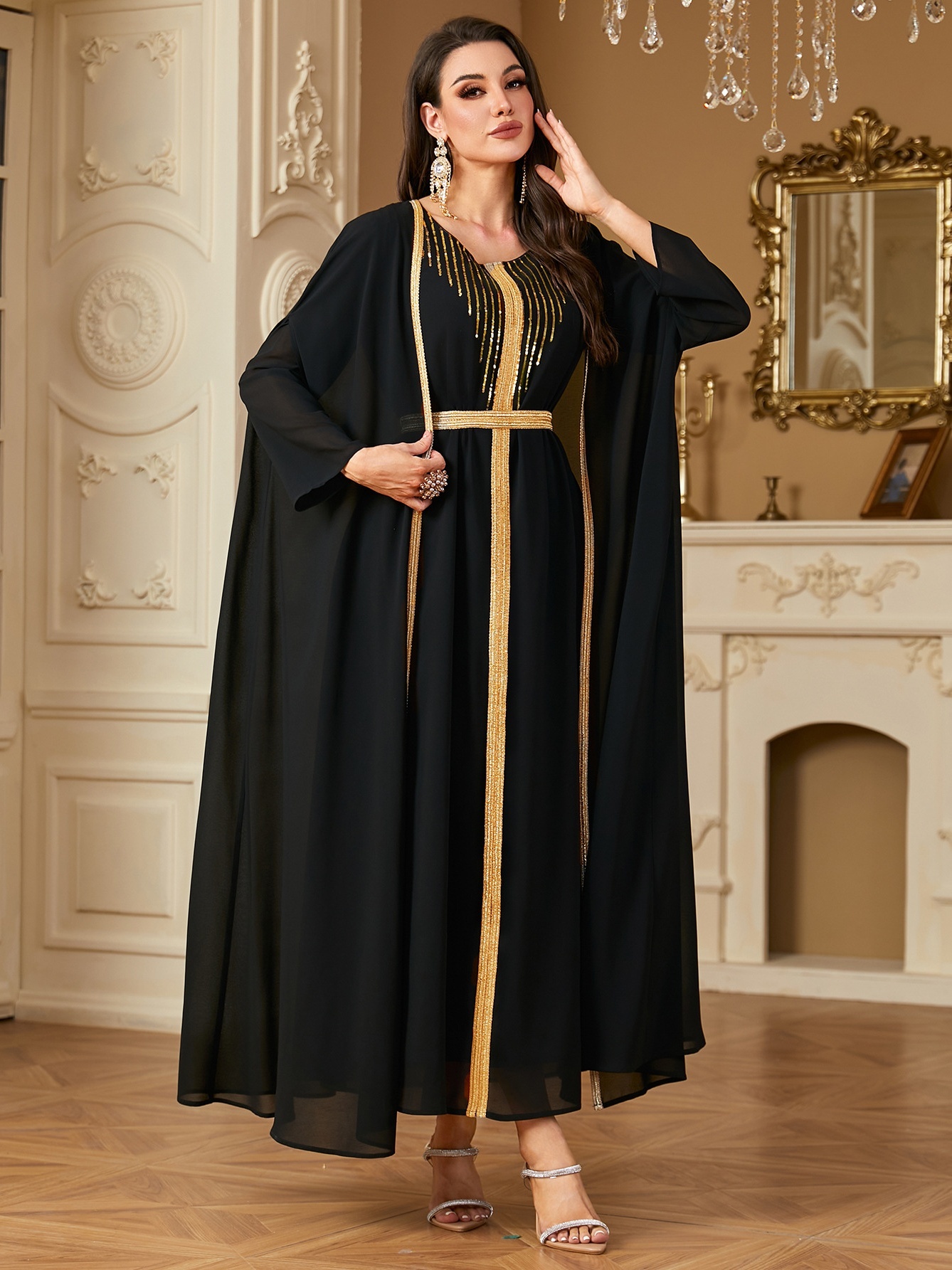 Two Piece Beaded Embroidered Chiffon Dress Set