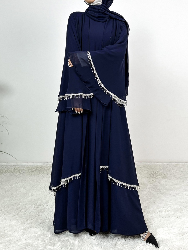 3pcs Drill Stripes Large Flared Sleeve Dress with Belt and Hijab Set