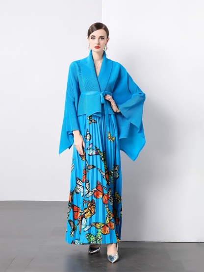 Butterfly Print Floor-Mounting Maxi Skirt Pleated Set
