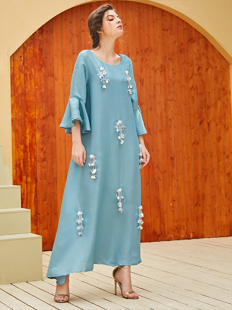 Beaded Ruffle Sleeve Sateen Dress