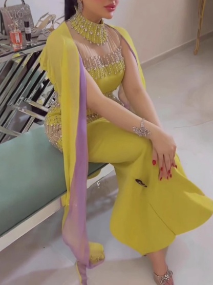 Rhinestone Wrap Bat Sleeve Long Dress