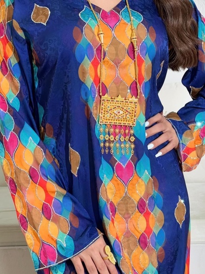 Printed Drill v-Neck Long Sleeve Dress