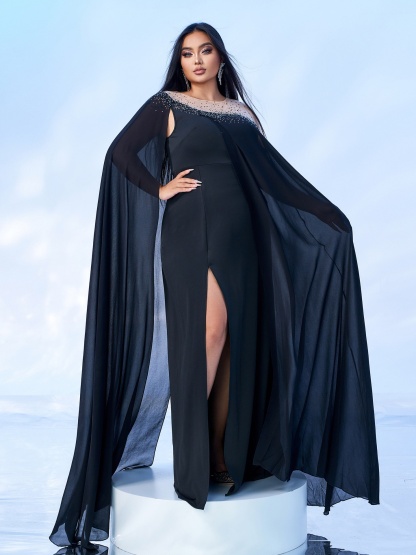 Round Neck Rhinestone Hem Split Dress
