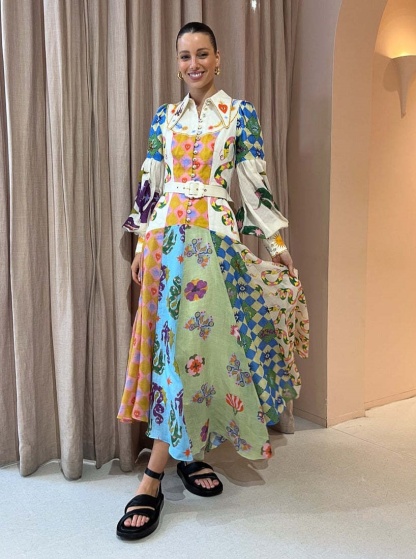 Graffiti Lantern Sleeve Long Irregular Dress