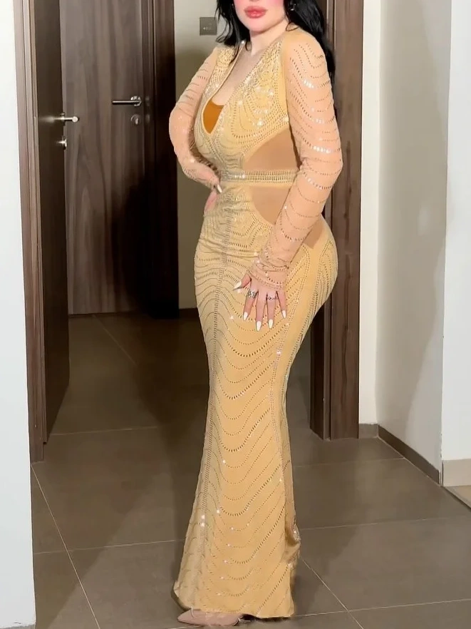 Elegant Rhinestone Long Sleeve Dress