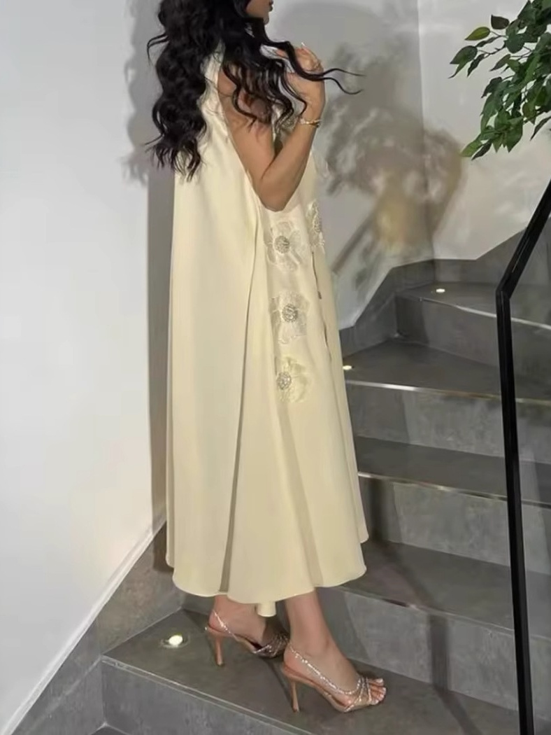 Solid Color Half Turtleneck Applique Elegant Long Dress