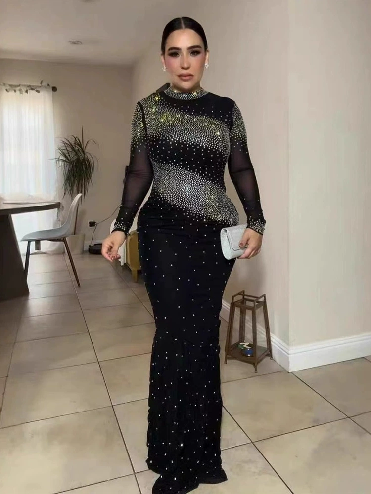 Half High Neck Wrap Hip Dress with Rhinestones