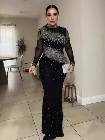 Half High Neck Wrap Hip Dress with Rhinestones