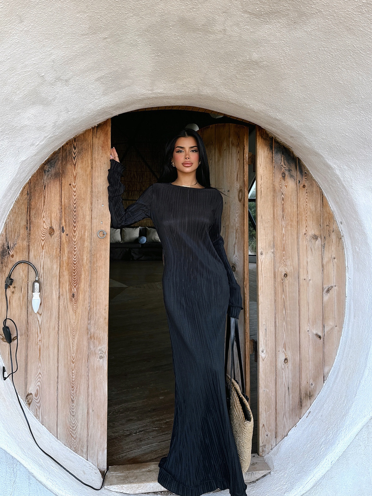 Round Neck Draped Long Sleeve Dress