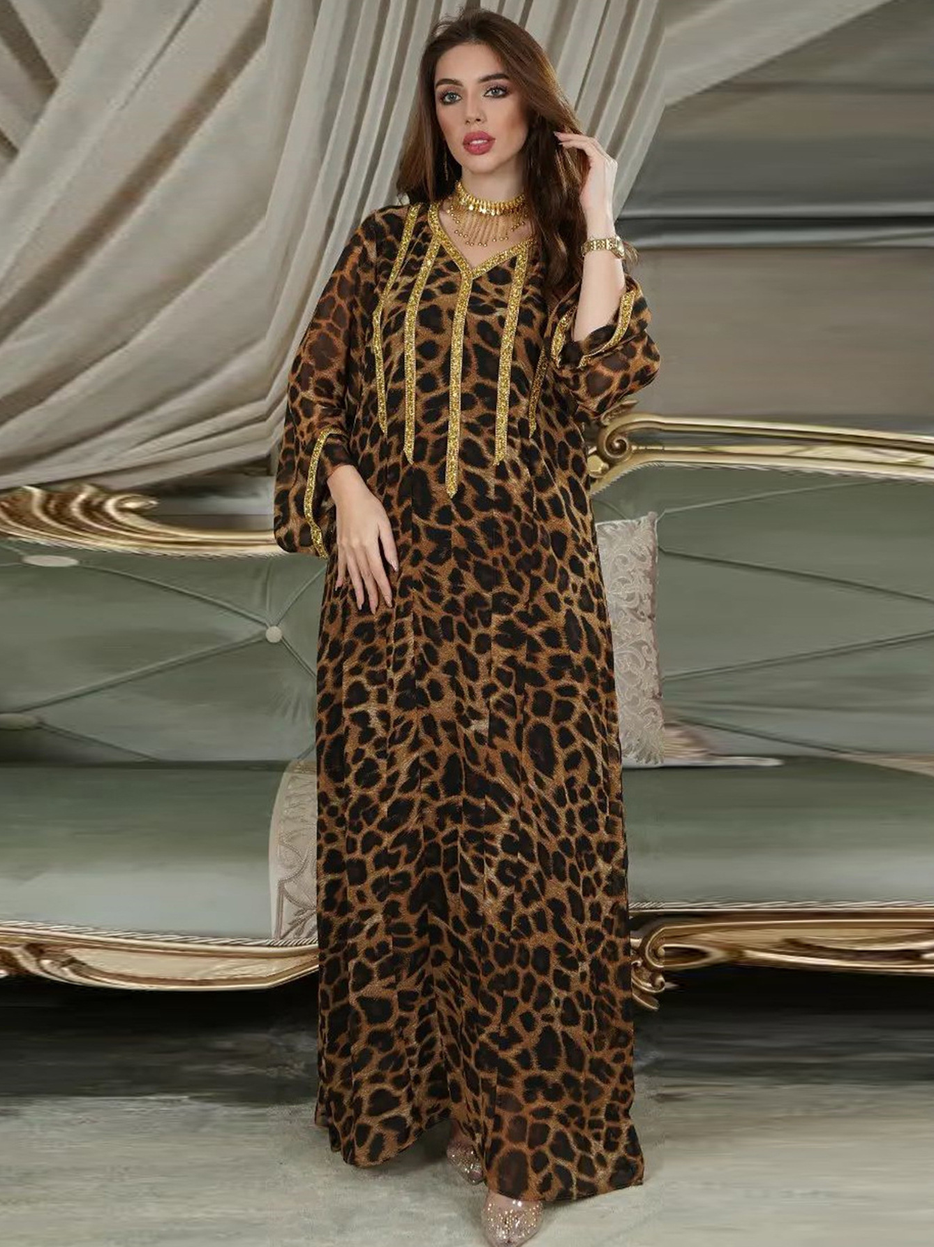 Leopard Print Long Sleeve Sequin Patchwork Dress