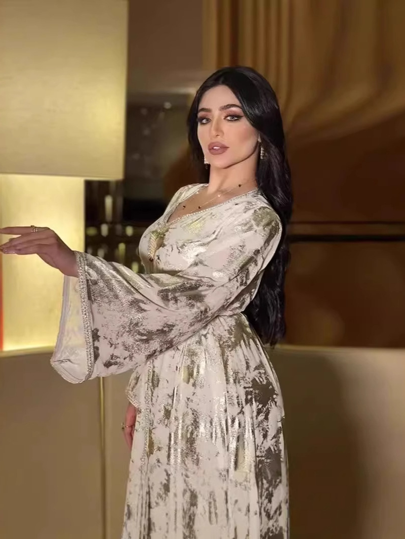 Printed V-Neck Waist-Cut Gown