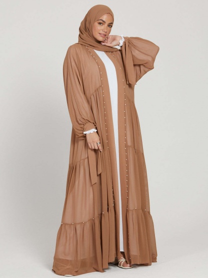 Solid Beaded Tie Chiffon Cardigan Casual Abaya