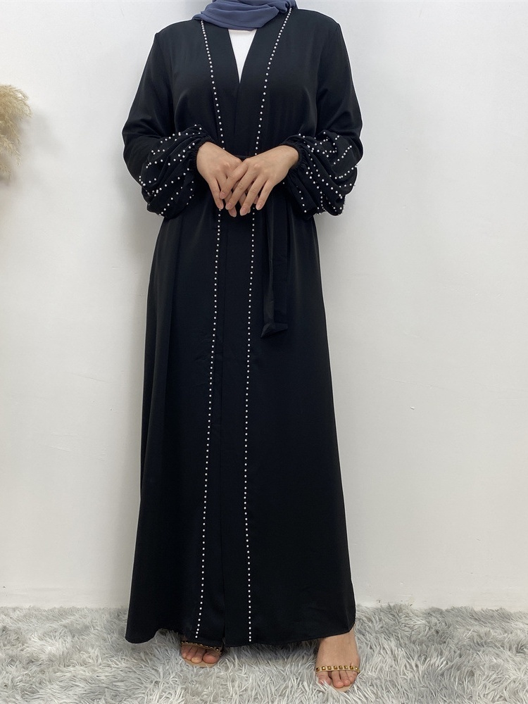 Solid Beaded Tie Cardigan Casual Abaya