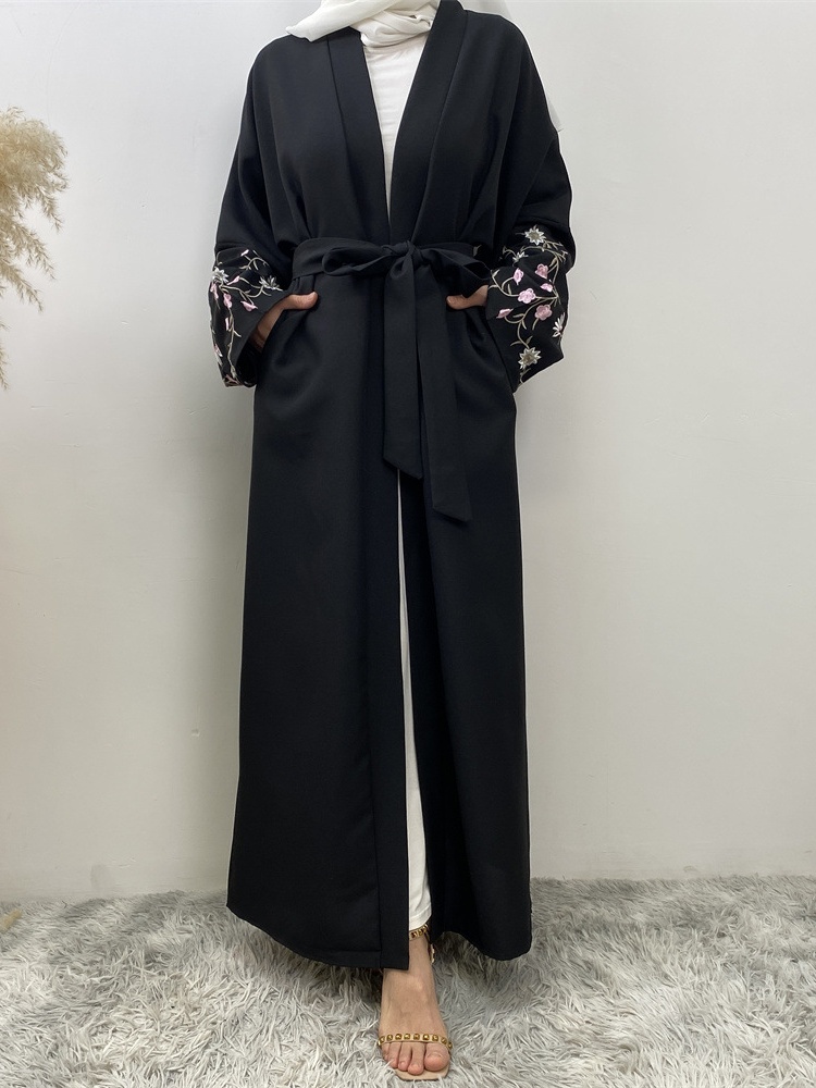 Cotton and Linen Embroidered Lace-Up Cardigan Casual Abaya