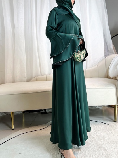 3pcs Drill Stripes Large Flared Sleeve Dress with Belt and Hijab Set