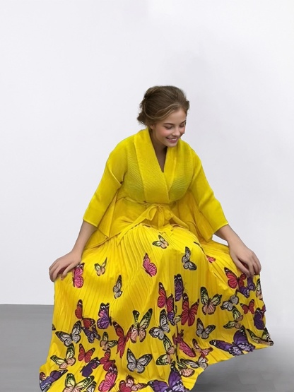 Butterfly Print Floor-Mounting Maxi Skirt Pleated Set