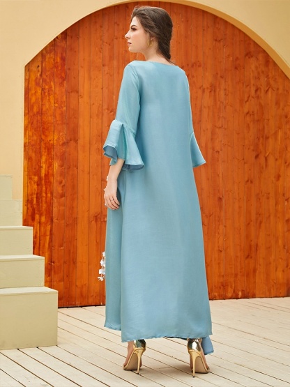 Beaded Ruffle Sleeve Sateen Dress