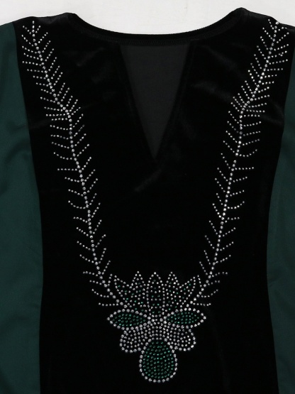 Rhinestone Velvet Patchwork Color Clash Dress