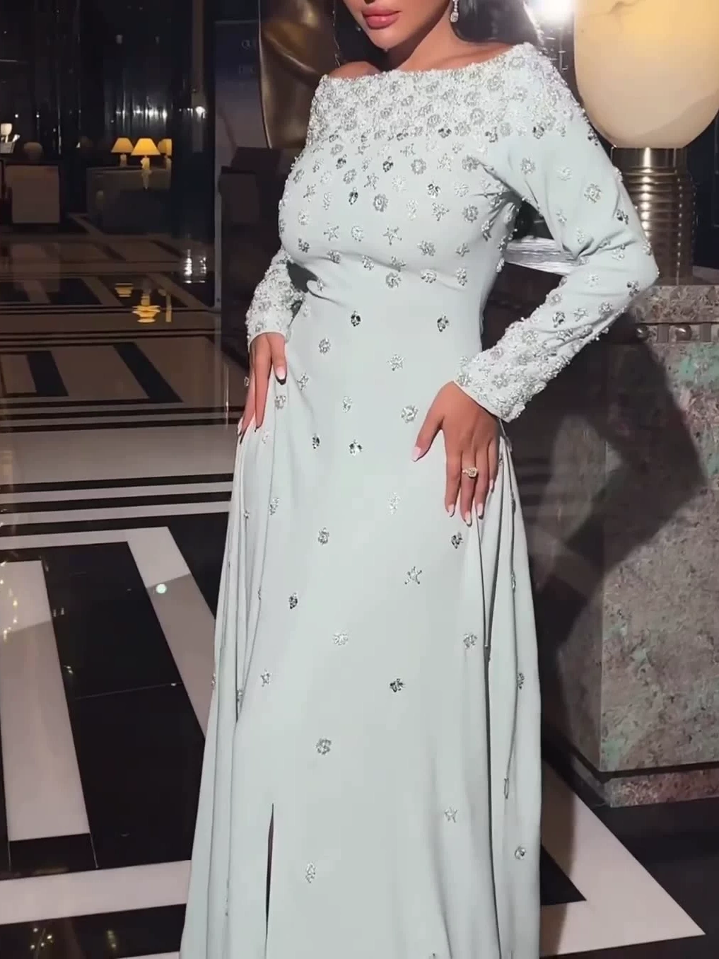Floral Rhinestone Split Dress