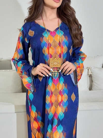 Printed Drill v-Neck Long Sleeve Dress