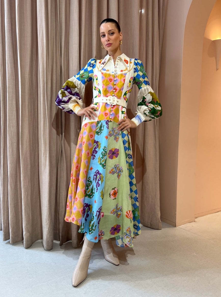 Graffiti Lantern Sleeve Long Irregular Dress