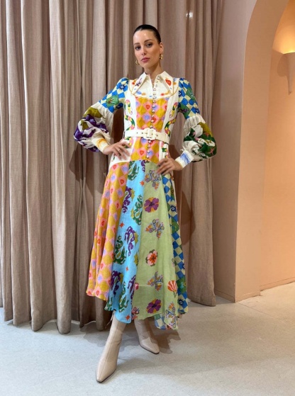 Graffiti Lantern Sleeve Long Irregular Dress