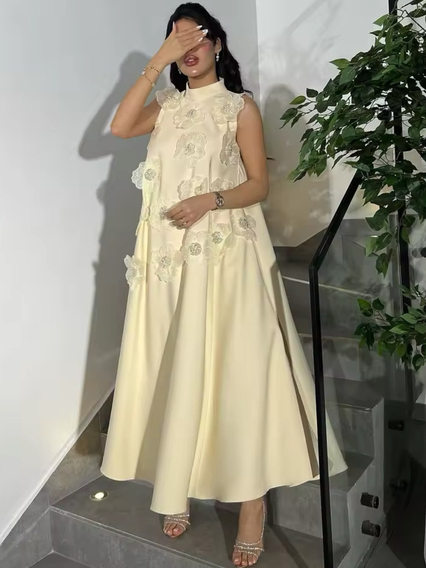 Solid Color Half Turtleneck Applique Elegant Long Dress