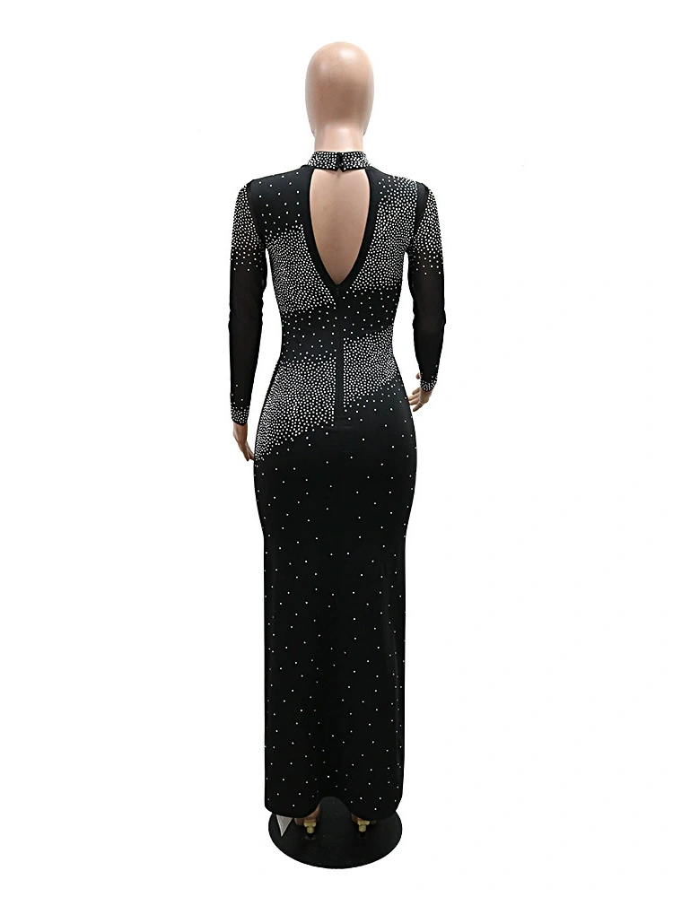Half High Neck Wrap Hip Dress with Rhinestones