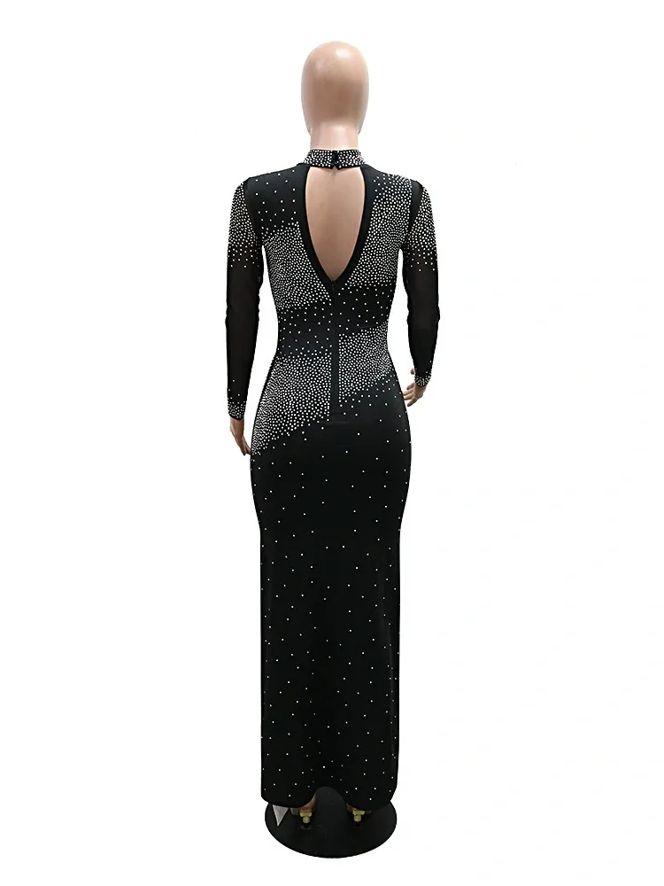 Half High Neck Wrap Hip Dress with Rhinestones
