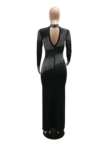 Half High Neck Wrap Hip Dress with Rhinestones