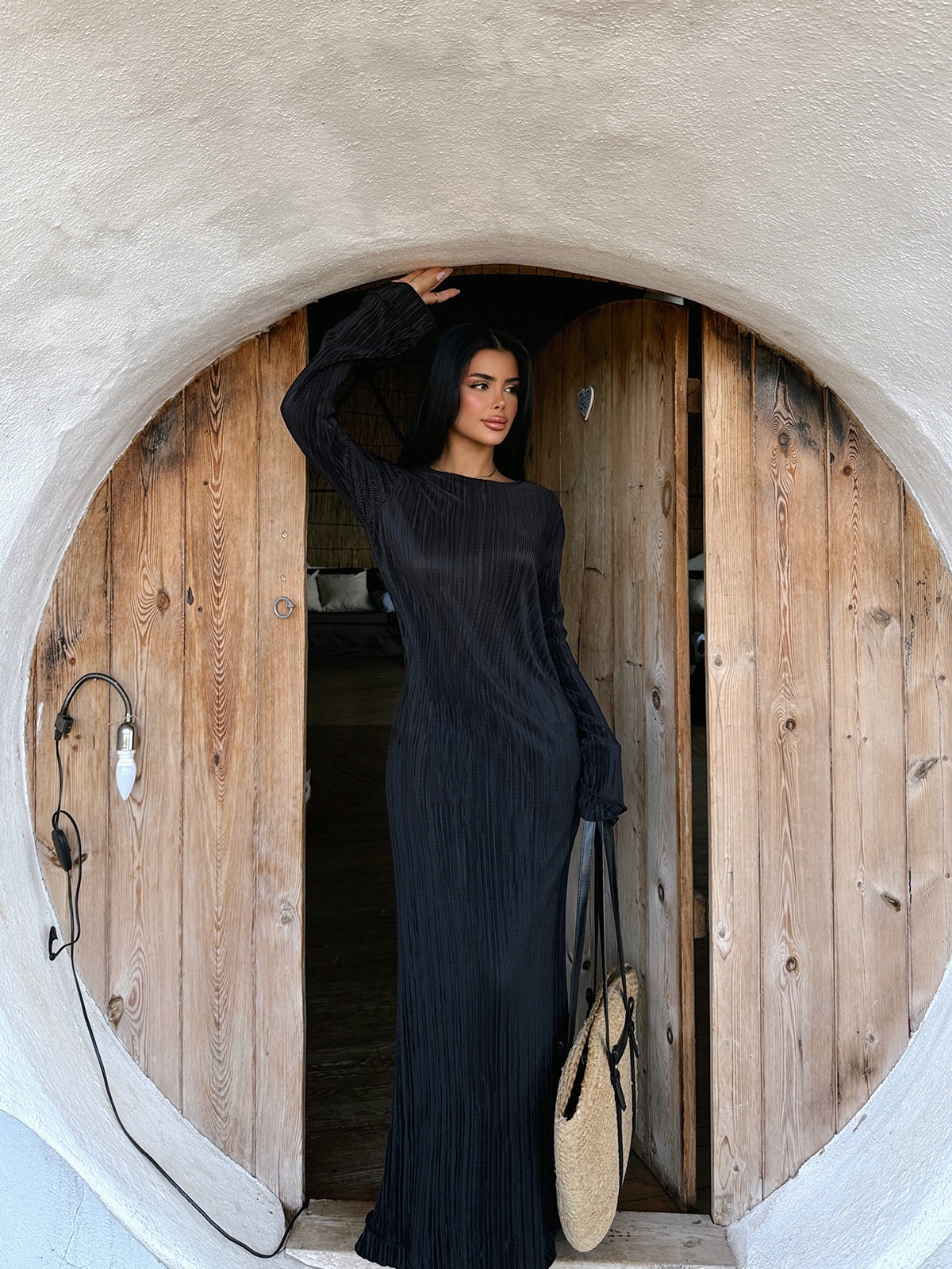 Round Neck Draped Long Sleeve Dress