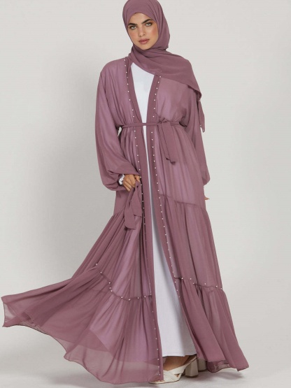 Solid Beaded Tie Chiffon Cardigan Casual Abaya