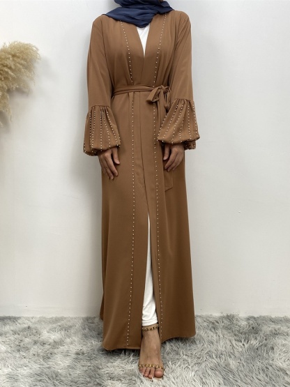 Solid Beaded Tie Cardigan Casual Abaya