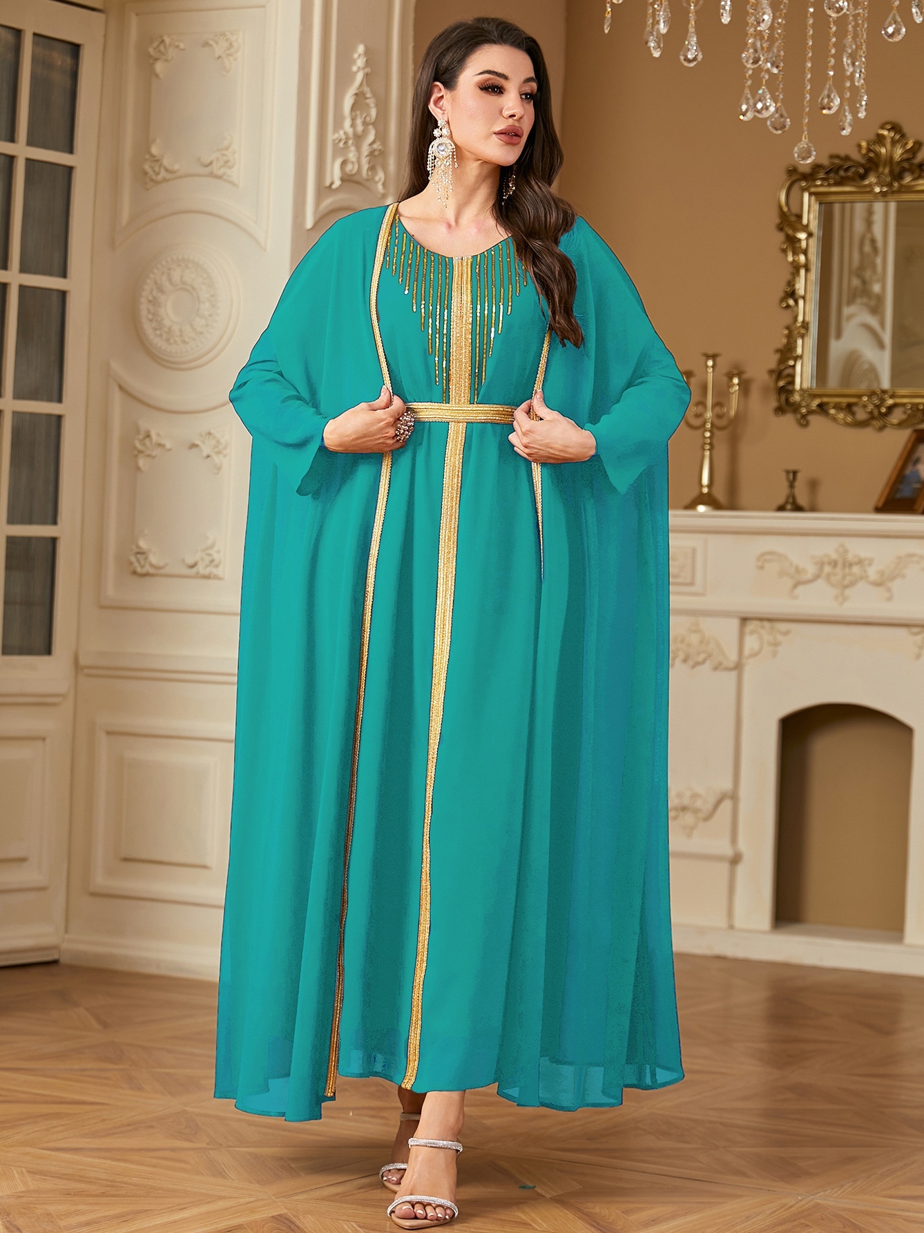 Two Piece Beaded Embroidered Chiffon Dress Set
