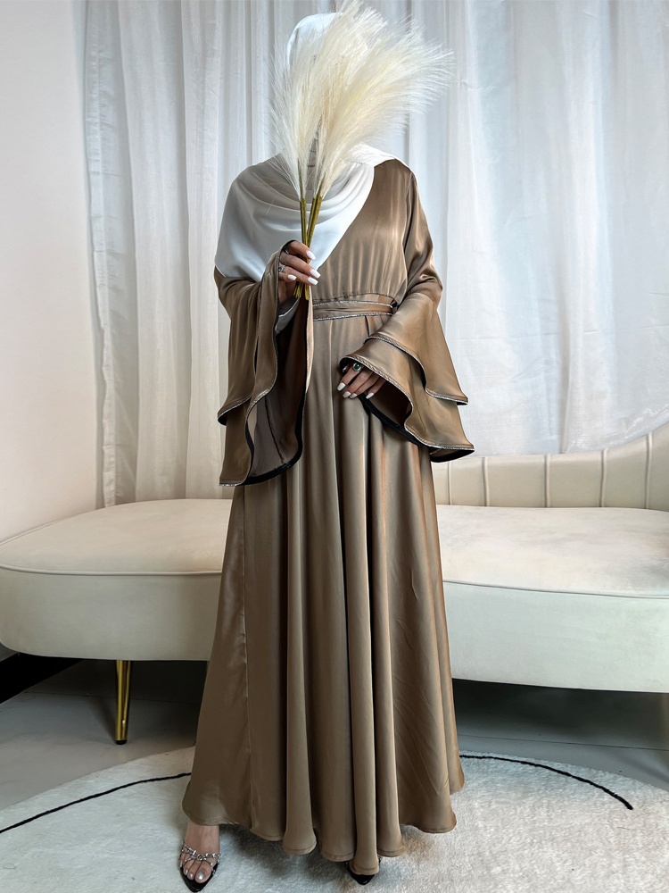 3pcs Drill Stripes Large Flared Sleeve Dress with Belt and Hijab Set