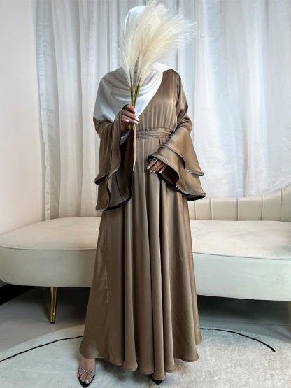3pcs Drill Stripes Large Flared Sleeve Dress with Belt and Hijab Set