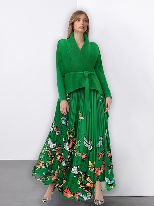 Butterfly Print Floor-Mounting Maxi Skirt Pleated Set