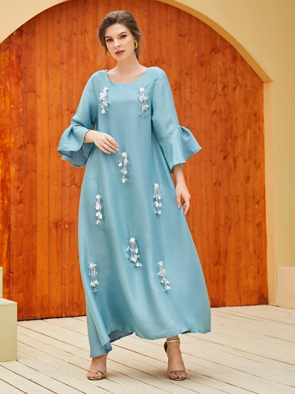 Beaded Ruffle Sleeve Sateen Dress