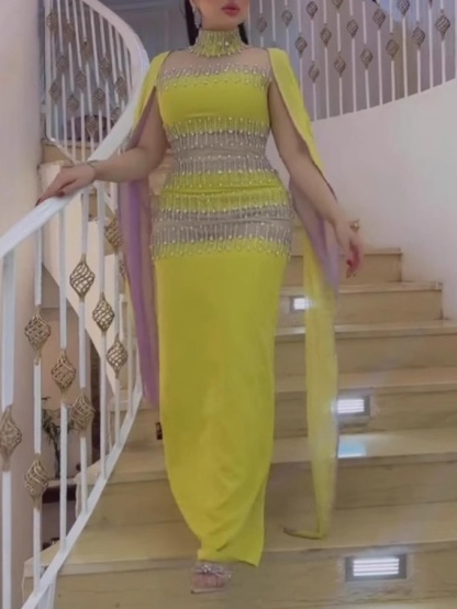 Rhinestone Wrap Bat Sleeve Long Dress