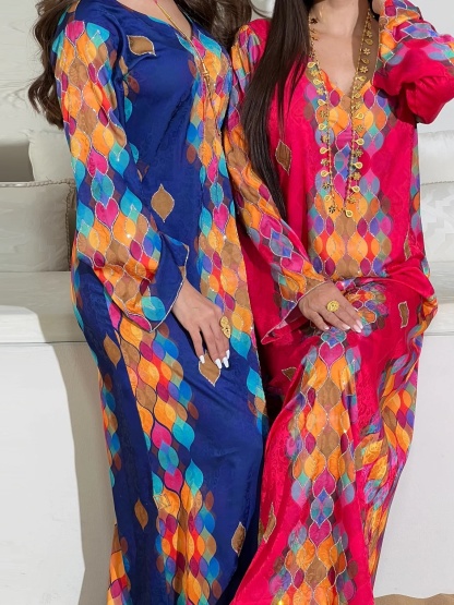 Printed Drill v-Neck Long Sleeve Dress