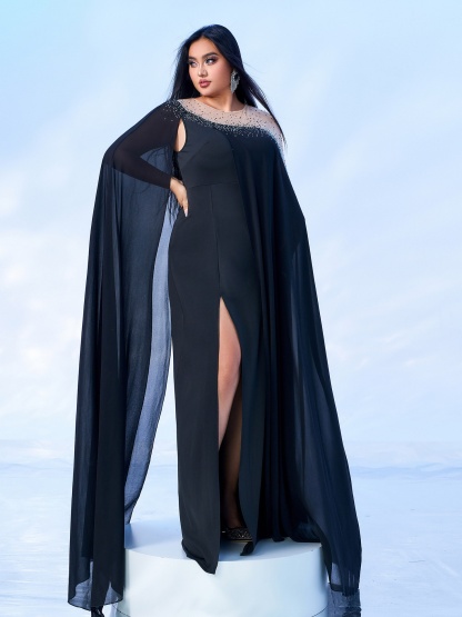 Round Neck Rhinestone Hem Split Dress