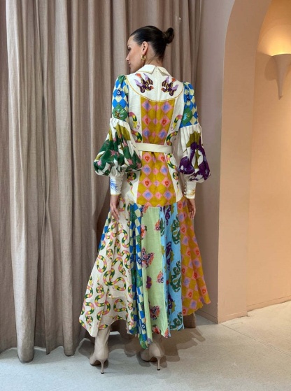 Graffiti Lantern Sleeve Long Irregular Dress