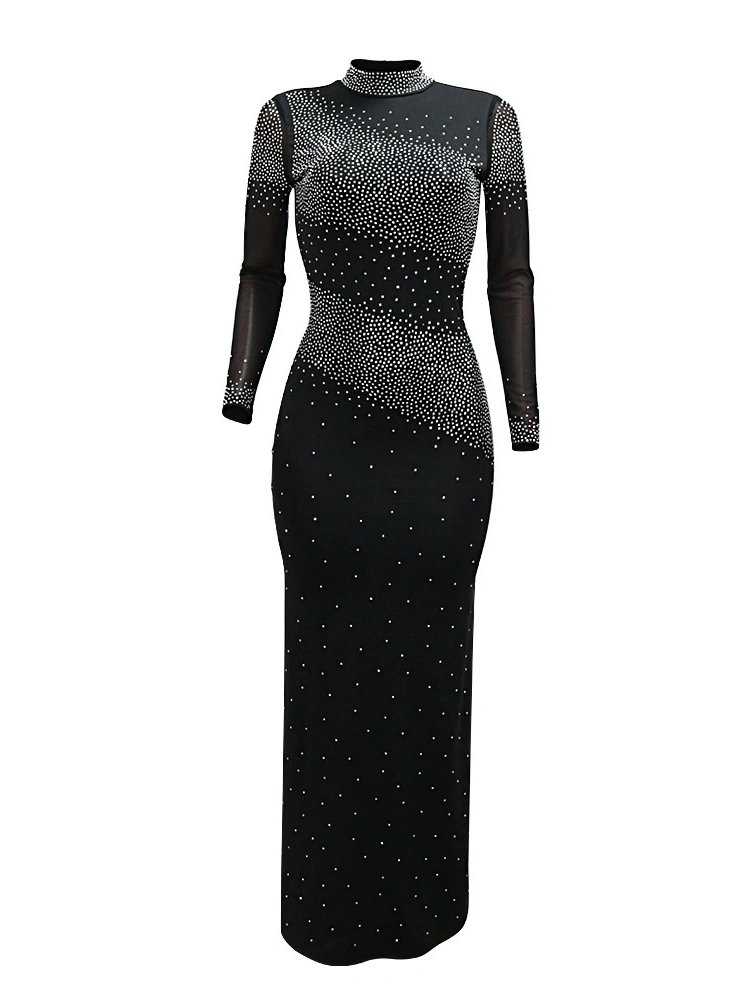 Half High Neck Wrap Hip Dress with Rhinestones